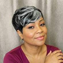 AMECIRE Elegant Short White Highlights Pixie Cut Wig Mixed Colors 100% Human Hair Wig With Bangs For Women Easy To Wear Perfect For Everyday & Cosplay & Parties & Music Festival - Multicolor - View 4