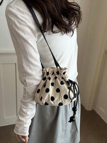 1pc Women's Fashion Commuter Colorblock Polka Dot Shoulder Bag, Portable Versatile Lightweight Luxury Pleated Crossbody Bag, Suitable For Dating, Shopping, Gifts, Work - Beige - View 6