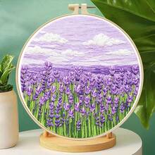 3款美學3D田園花卉刺繡全套材料包，薰衣草/油菜花/櫻花/風景圖案，附圓形刺繡框組，適合初學者紓壓手工製作，臥室牆面裝飾創意節日禮物 - 多色 - 查看 5