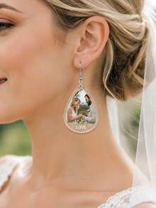 Custom Teardrop Photo Earrings, Elegant Personalized Dangle Earrings, Customized Text Jewelry, Customizable Wedding And Anniversary Gift, Bridal Gift - Style B - View 4