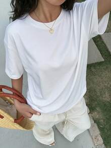 2件組女款圓領短袖T恤，夏季新款時尚素色休閒百搭寬鬆上衣 - 彩色 - 查看 2