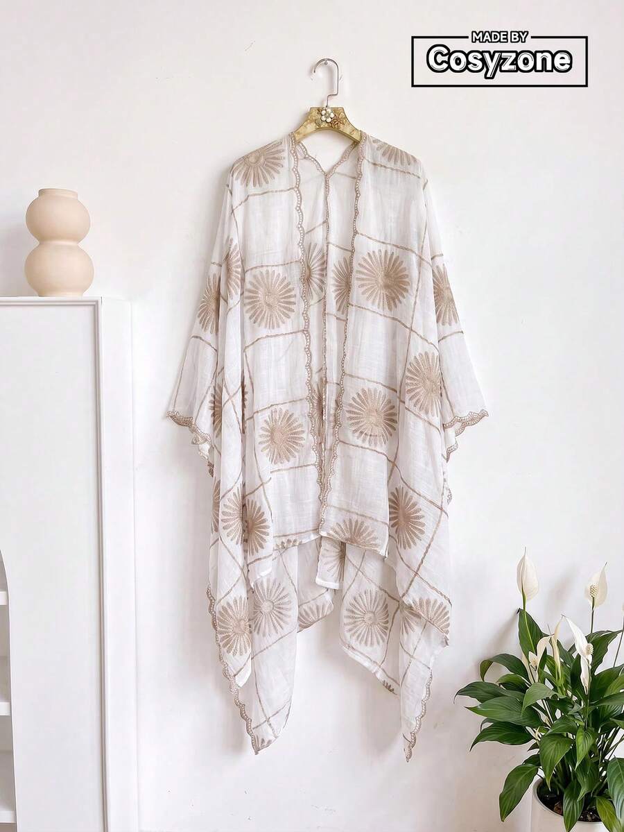 1件式優雅花卉刺繡開襟和服式圍巾/沙龍披肩女款,春夏波希米亞風海灘罩衫,防曬裝飾刺繡開襟衫,適合日常穿著,送禮首選 - 白色 - 查看 1