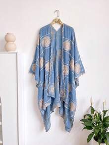 1件女款優雅花卉刺繡開襟和服式圍巾/沙龍披肩，春夏波希米亞風外衣，海灘度假防曬罩衫，裝飾性刺繡開襟衫，適合日常穿著，完美禮物選擇 - 藍色 - 查看 6