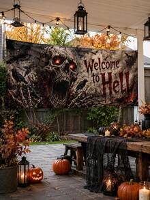 1件裝黑紅配色「Welcome To Hell」歡迎來到地獄橫幅，哥德恐怖風聚酯纖維長方形掛旗，附巨型骷髏、發光眼睛、烏鴉、蝙蝠與骷髏手，適用萬聖節門廊、鬼屋、派對、酒吧、牆面及戶外居家裝飾 - 多色 - 查看 4
