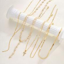 5pcs/4pcs Vintage Elegant Minimalist Bohemian Style Women's Multi-Layer Baroque Pearl Necklace, Suitable For Daily Wear, Party, Date, Wedding, Gift - Gold - View 3