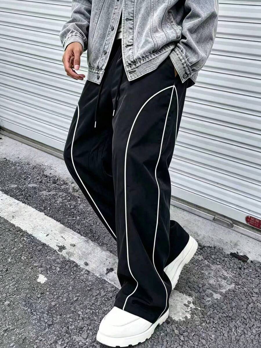 Men's Casual Loose Straight Leg Sweatpants, Fashionable Sports Long Pants, Spring/Autumn - Black - View 1