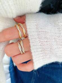 Brazalete con diseño de ola cruzada enchapado en oro de 18K con circonia cúbica incrustada, estilo europeo, casual y elegante - ola - Ver 3