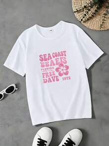 Maglietta a maniche corte retrò per bambini, stampa floreale rosa e lettere, cotone traspirante, stile regolare, adatta per uso quotidiano in primavera ed estate - Bianco - Visualizzare 1