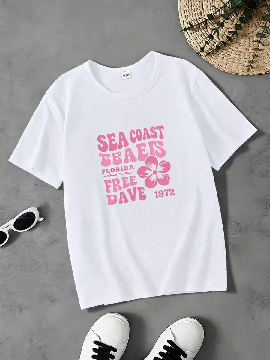 Maglietta a maniche corte retrò per bambini, stampa floreale rosa e lettere, cotone traspirante, stile regolare, adatta per uso quotidiano in primavera ed estate - Bianco - Visualizzare 1