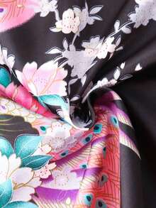 Young Girl Black Print Mid-Sleeve Long Robe - Multicolor - View 11