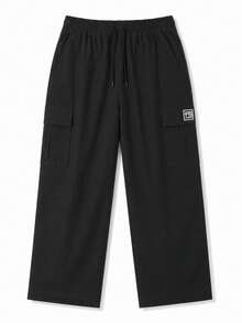 Men's Spring/Summer Streetwear Cargo Pants, Loose Straight Leg Casual Long Pants, Brand Drawstring Draped Wide Leg Trousers - Black - View 2