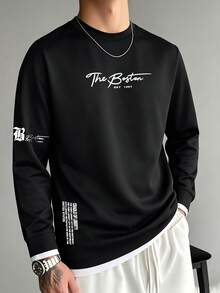 Men's Spring/Autumn Fashion Versatile Comfortable Multiple English Print 2 In 1 Crew Neck Long Sleeve T-Shirt - Black - View 3