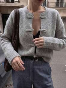 Women's Chinese Style Round Neck Single-Breasted Button-Up Long Sleeve Minimalist Commuter Loose Basic Solid Color Thick Warm Cardigan Sweater, Versatile For Autumn/Winter - Grey - View 2