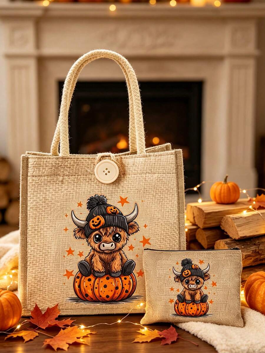 Women's Multi-Functional Tote Bag, Halloween Highland Cow Pattern ...