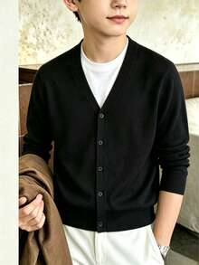 Boys' Basic Solid Color Knit Cardigan, V-Neck Button Long Sleeve Lightweight Jacket, Suitable For Autumn/Winter - Black - View 6