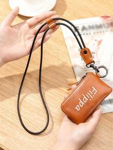 1pc Customized Personalized PU Leather Neck Lanyard Wallet, Customizable Text Mini Neck Hanging Coin Purse Keychain, Fashion Leather, Multi-Functional Large Capacity Coin Purse Card Holder Unisex Storage Bag Gift, Anniversary Gift, With Shoulder Strap And Buckle Zipper Card Holder, Portable Multi-Functional Small Accessory Storage Bag. - Multicolor - View 4
