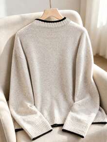 Women's Elegant Elegant Fashion Pullover Sweater, Ribbed Knit Long Sleeve, Suitable For Autumn/Winter Outfit, Contrast Color Knit Top - Grey - View 4