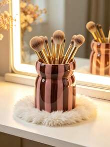 Soporte de brochas de maquillaje de cerámica lindo, organizador de brochas de cosméticos con rayas de colores para tocador, taza de almacenamiento de belleza estética, contenedor de herramientas de maquillaje estilo coreano, decoración moderna del hogar para dormitorio, baño y tocador - Multicolor - Ver 9