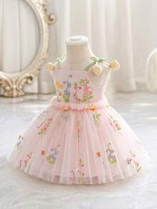 Baby Girl 3D Floral Decor Cami Dress, Suitable For Birthday, Flower Girl, Wedding, Halloween Occasions - Baby Pink - View 2