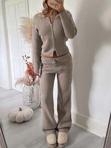 2 Pieces Knit Set With Zipper Cardigan And Drapey Wide Leg Pants - Gray Card - View 3