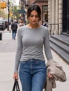 Atasan Wanita Nyaman Kerah Bulat Lengan Panjang Bergaris Slim Fit, Kemeja Dasar untuk Pakaian Kasual Sehari-hari di Rumah - Grey - View 5