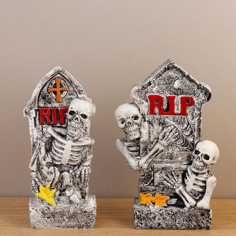 2pcs Halloween Yard Skeleton Party Tabletop Tombstone Sign Decor, Resin With Stake Waterproof Ghost Festival Ornament Craft Miniature Model - Multicolor - View 1