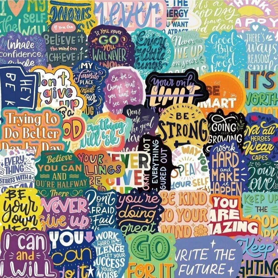 50pcs Positive Energy Inspirational Quotes Stickers, Motivational Sayings Waterproof Vinyl Stickers, Suitable For Laptop, Water Bottle, Scrapbook, Journal, Self-Care Decoration Aesthetic Stickers - A - View 1