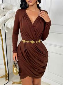 AIJ Gaun Mini Bodycon Lengan Panjang Leher V Cokelat Elegan untuk Musim Gugur, Model Surplice Wrap Depan dengan Detail Kerut, Ramping, Seksi, Cocok untuk Pesta, Jalan-jalan & Halloween. - Coklat - View 2