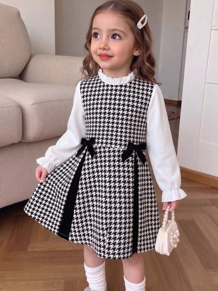 New Spring/Autumn Young Girl Black And White Houndstooth 2 In 1 Dress With Ruffled Puff Sleeves, Double Bow Pleats, School Princess Dress - Black - View 1