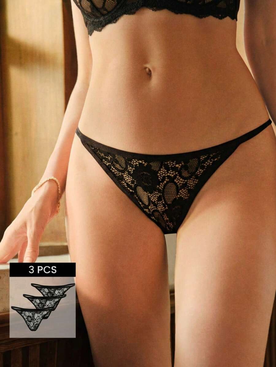 Bisouelle Conjunto de 3 tangas de encaje de talle bajo y sexy para mujer, lencería sexy con estampado floral