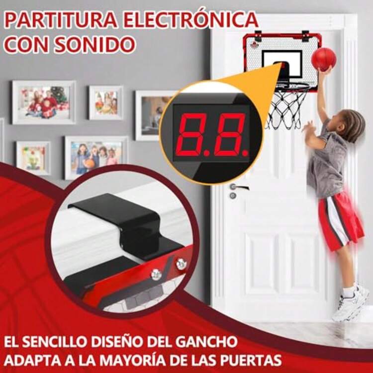 RUBOQE Canasta de Basquetbol para Niños Plegable, Tablero de Basketball con Contador Electrónico De Puntaje, Aro, 3 Mini Balón, para Puerta y Pared Juegos Exteriores para Niños Profesional - Multicolor - Añade 3