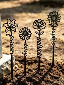 1pc Customized Floral Memorial Stake, Metal Tombstone, Rose Cemetery Plaque, Birth Flower, Memorial Garden Stake - Black - View 1
