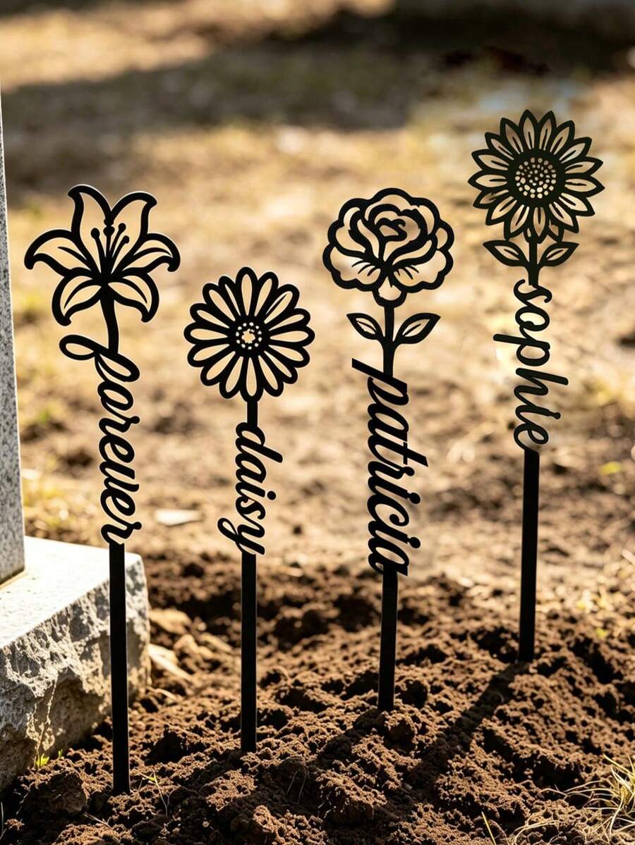 1pc Customized Floral Memorial Stake, Metal Tombstone, Rose Cemetery Plaque, Birth Flower, Memorial Garden Stake - Black - View 1