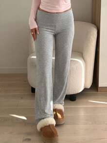 SCARLUX Fall Y2K Grey Fold Waistband Wide Leg Trousers, Basic Pants Ideal For Back To School, Business & Going Out - Gray - View 7