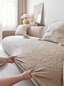 1pc Jacquard Solid Color Elastic All-In-One Sofa Cover, Minimalist Pet-Friendly Anti-Slip Anti-Scratch, Suitable For All Seasons, Machine Washable, Holiday Home Decor Dust-Proof Sofa Slipcover - Khaki - View 5