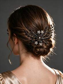 1pc Elegant Crystal Women's Hair Comb, Romantic Bridal Wedding Headpiece, Princess Ball Party Event Hair Accessory Comb - Black - View 2