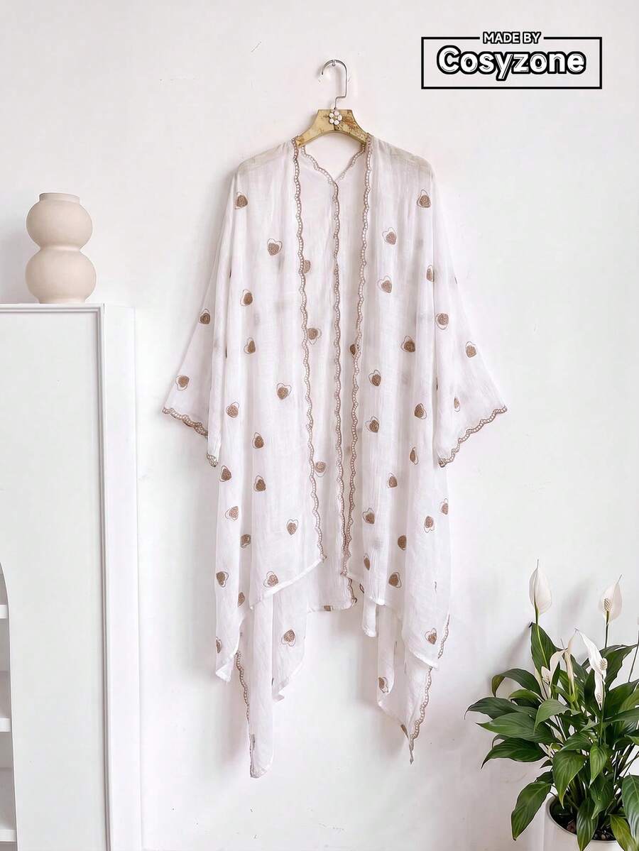 1件極簡心形刺繡開襟披肩式和服/圍裙,波希米亞風春夏海灘度假防曬罩衫,裝飾性刺繡開襟衫,適合日常穿著,送禮佳選 - 白色 - 查看 1