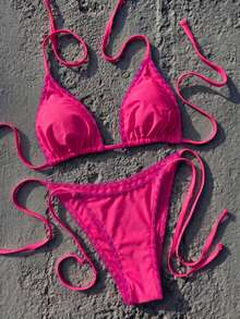 Conjunto de bikini con recorte de volantes en bloques de color para mujer, con copas triangulares ajustables y diseño de lazos, adecuado para vacaciones en la playa y estilo retro de verano - Rosa coral - Ver 3