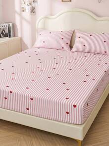 1件粉色愛心印花貼身床單，不含枕套與枕頭，條紋床上用品，床墊保護套，舒適親膚床墊套，家居裝飾，單人/雙人/Queen/King床，宿舍床上用品，四季通用，房間與臥室裝飾，秋季家居裝飾 - 彩色 - 查看 8