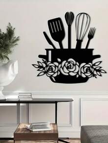 Rustic Black Metal Wall Art With Floral And Tableware Pattern - Easy To Install, Durable Kitchen Decor - Black - View 1