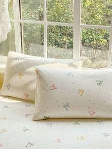 3-Piece Colorful Bow & Small Heart Print Fitted Sheet Set, Soft Skin-Friendly Bedding Set With Pillowcases - Multicolor - View 4