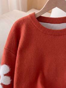 Tween Girls Cute Floral Short Knit Pullover Sweater, Long Sleeve, Suitable For Casual Wear In Spring And Autumn - Orange - View 6