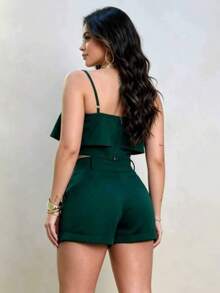Solid Women's Tailored Set, Cropped Top And Shorts - Army Green - View 4