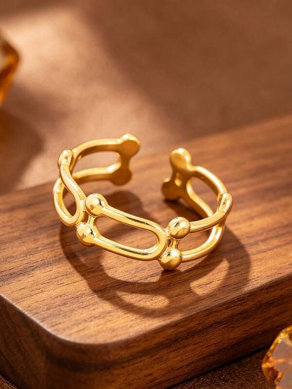Minimalist European & American Vintage Style Luxury Double-Layer Chain Open Gold Ring, Exquisite Hollow Pig Nose Design, Adjustable Size, Suitable For Daily Wear And Layering, Niche High-End Women's Jewelry, Versatile For Commuting And Travel, Perfect For Personal Use Or Gifting
