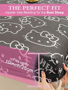 Sanrio 2/3件組 Hello Kitty 床上用品套裝，可愛卡通印花床單套件，床墊保護墊、床罩、床單，舒適家居紡織品，透氣防起球床墊保護墊，家居裝飾，適用所有床尺寸－雙人床、全尺寸床、加大床、特大床，四季通用，防塵床罩，可機洗 - 黑白KT - 查看 6