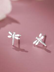 1 Pair S925 Sterling Silver Gentle Fresh Minimalist Mini Dragonfly Stud Earrings, Women's Mori Style Unique Niche Exquisite Fashion Sweet INS Harajuku Casual Party Versatile Elegant Earrings, Daily Date Cute Matching Party Gift - Dragonfly - View 3