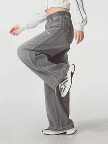 Adidas Three-Leaf Clover Women's Wide-Leg Jeans Curved Hem Pants - Medium Heather Gray - View 4