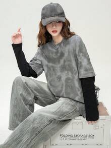JUTU Spring/Autumn Loose Round Neck 2 In 1 Long Sleeve Tie-Dye Print Women's T-Shirt, For Outing And Commuting Casual - Ash and Black - View 7