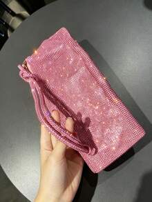 Dedoo Crescent-Shaped Shoulder Handbag, Fully Rhinestone Decorated, Adjustable Rhinestone Strap With Knot Detail, Eye-Catching Bag For Women's Evening Party And Nightclub Occasions - Pink - View 4