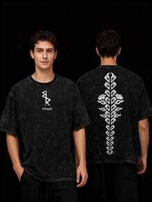 Men's Anime Printed Washed Cotton Tee, Loose Summer Crew Neck T-Shirt, Breathable Casual Gift For Back To School - 黑色 - 查看 10